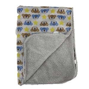 Kidgets Teddy Bear Face & Star Print Baby Blanket Sherpa Lovey White Blue Yellow